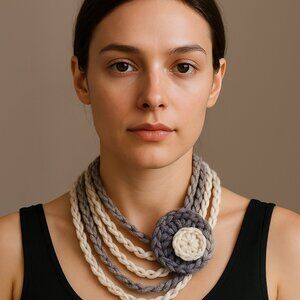Handmade Crochet Statement Necklace with Ombre Flower Accent Boho Yarn Jewelry